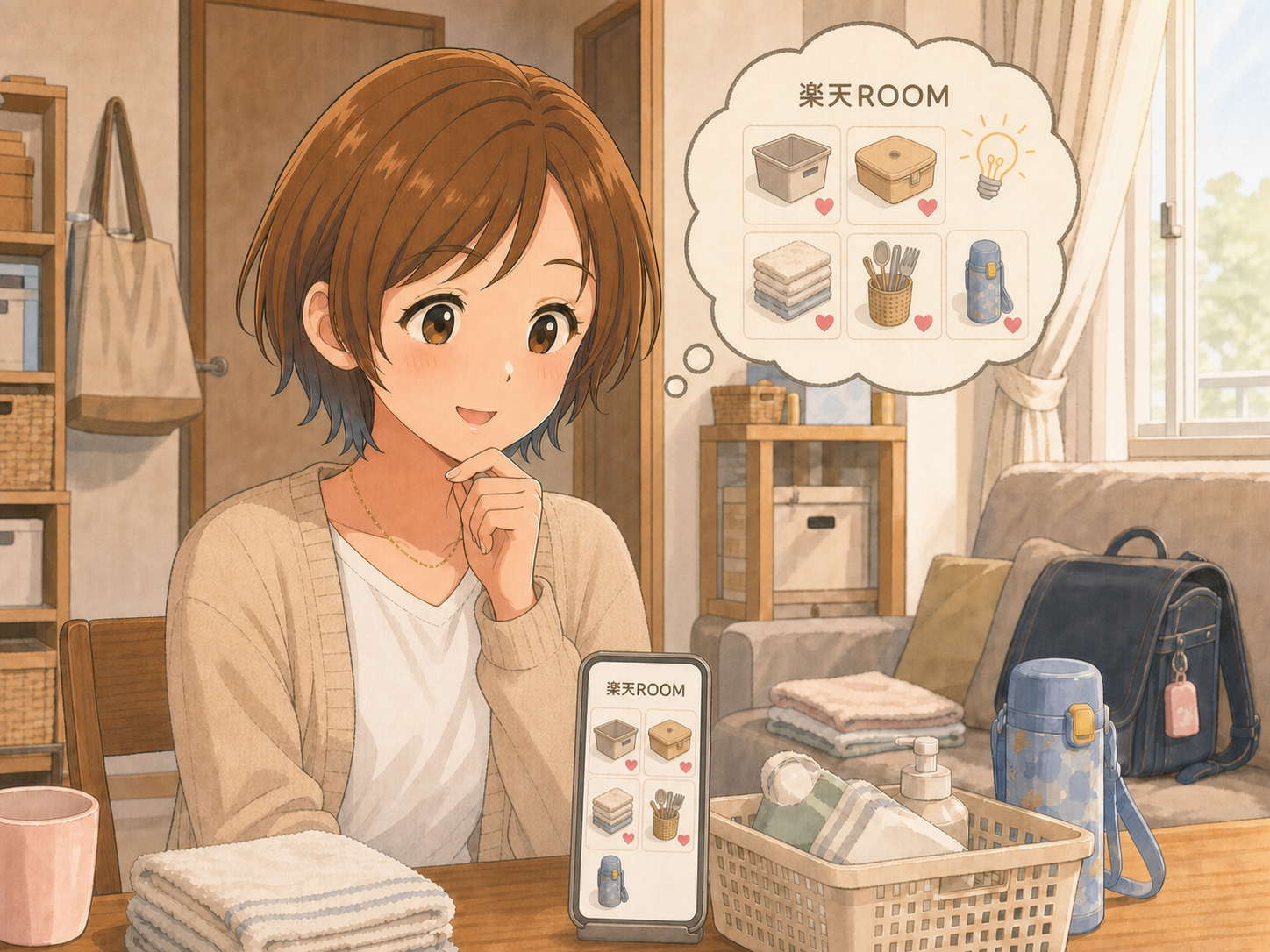 楽天ROOMの日用品コレクション画面を見ながら、始めることを考える母親のイメージ