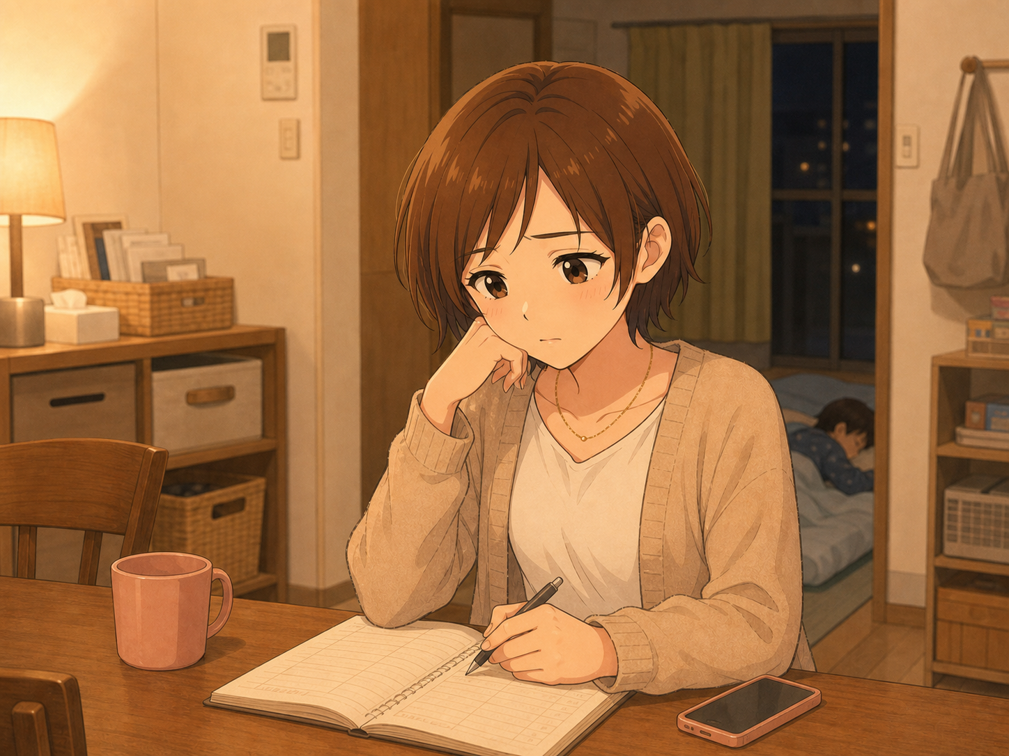 家計簿を見ながら将来のことを考える母親と、奥で眠る子どものイメージ