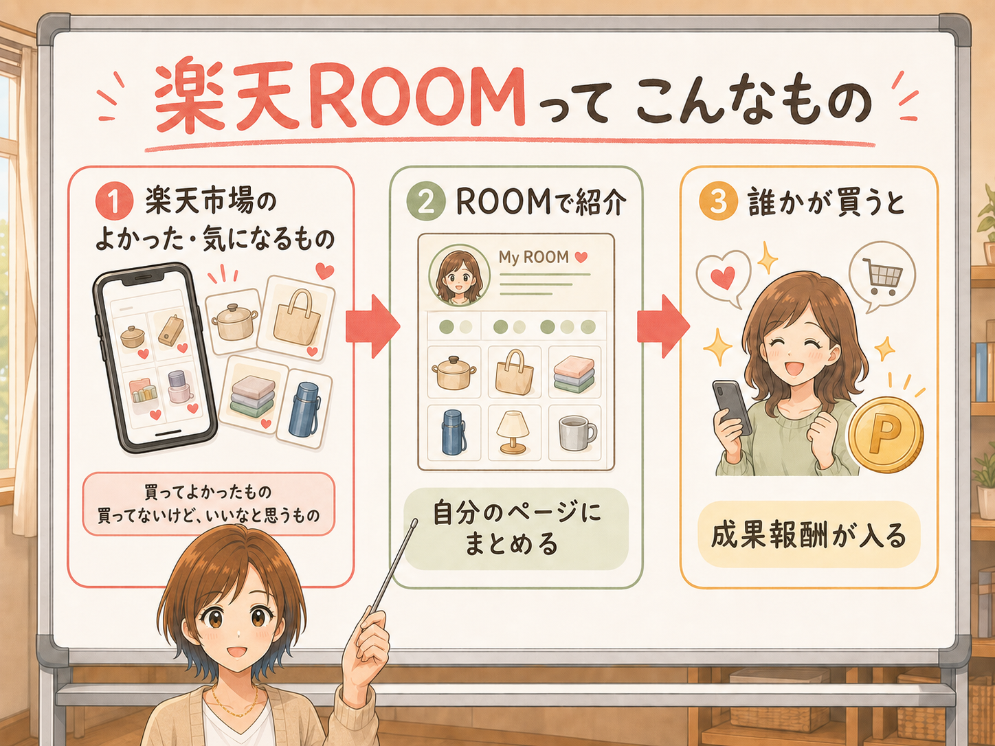 ホワイトボードで楽天ROOMの仕組みを説明するむー。楽天市場のよかった・気になるものをROOMで紹介し、誰かが買うと成果報酬が入る流れのイメージ